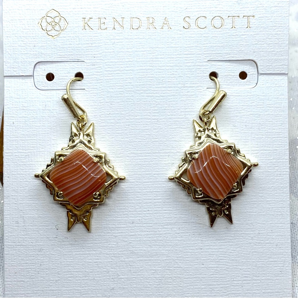Kendra Scott Cass Orange Banded Agate Dangle earrings gold tone